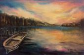 Obraz - Pejzaż z łódką o wschodzie słońca